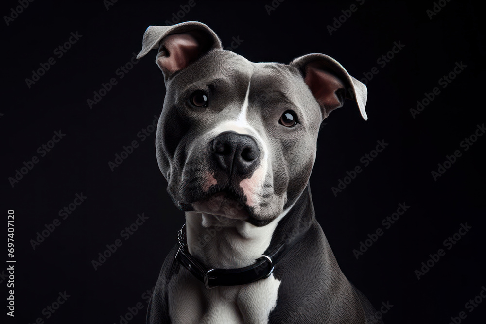 an American Pit Bull Terrier dog isolated on black background. ai generative