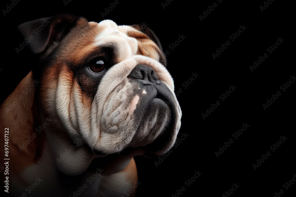 an English Bulldog isolated on black background. ai generative