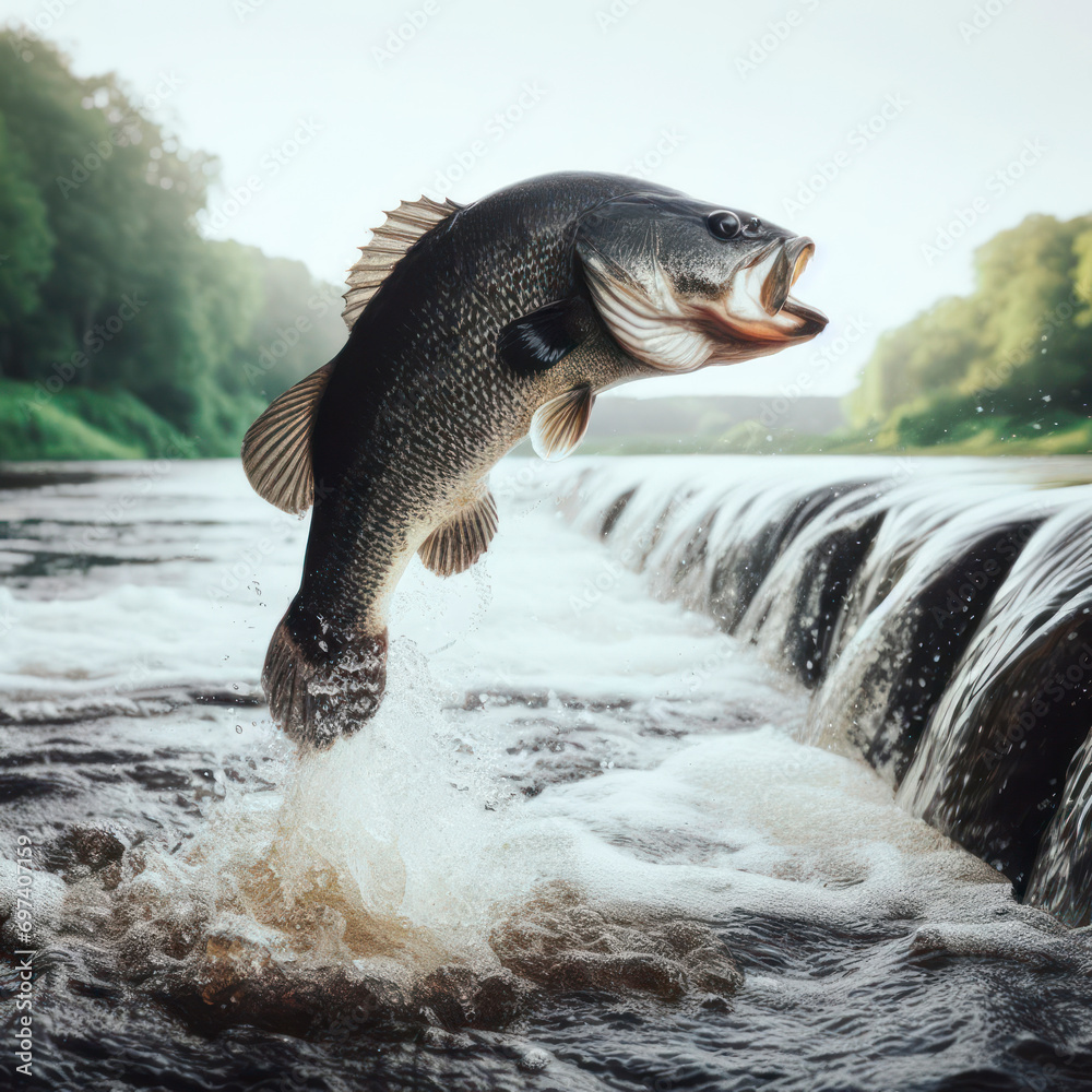 Fototapeta premium Black Bass Fish Jumping Out of River. ai generative