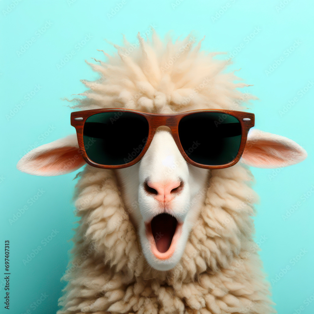 Funny sheep wearing sunglasses expressing surprise and shock emotion photo on solid color background. ai generative