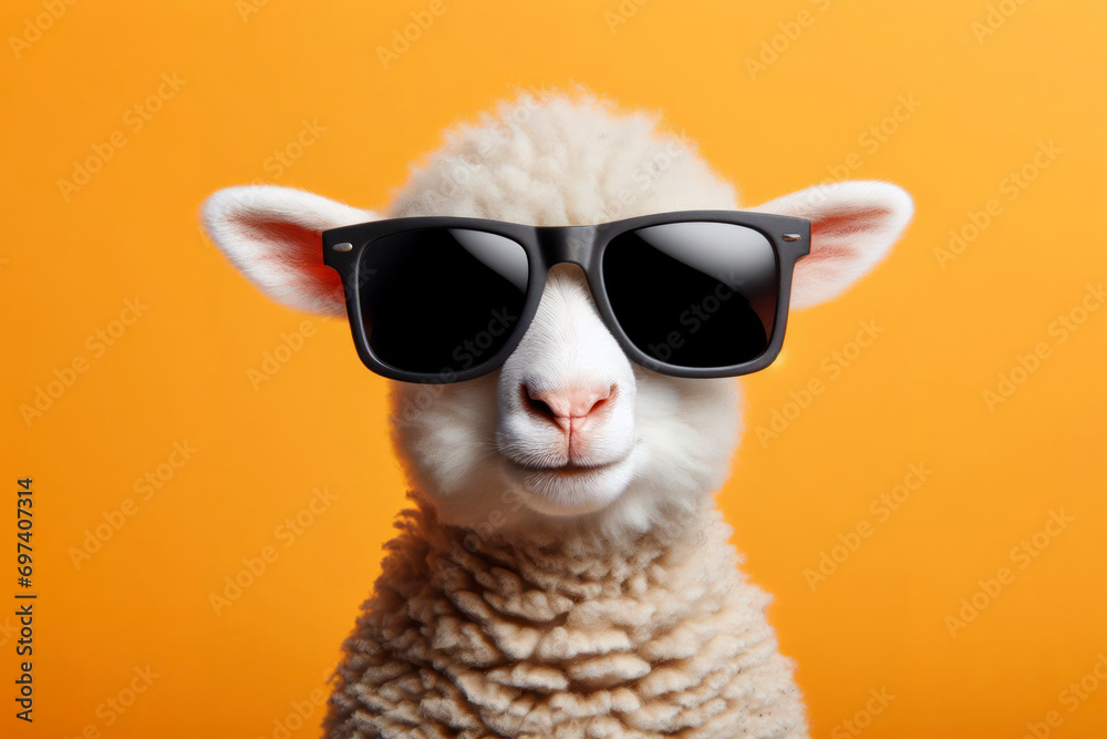 Funny sheep wearing sunglasses photo on solid color background. ai generative