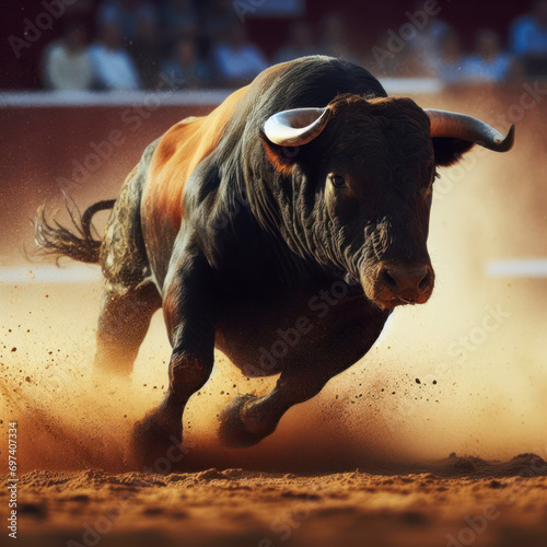 Furious bull running along sandy bullring. ai generative © Igor