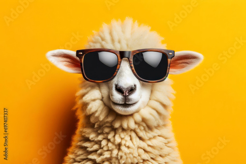 Funny sheep wearing sunglasses photo on solid color background. ai generative