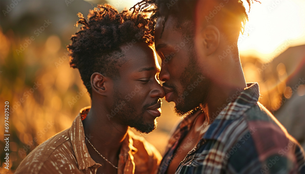 Homosexual couple at a romantic date outdoors Multi-ethnic gay couple in love flirting and having fun. Proud homosexual couple romantic - obrazy, fototapety, plakaty 
