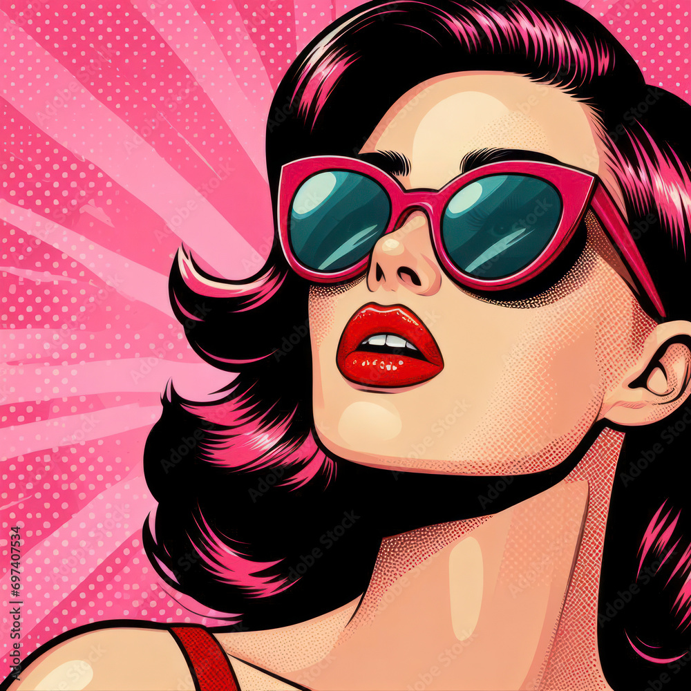 Pop Art Glamour Woman in Red Sunglasses and Lipstick on pink background. ai generative