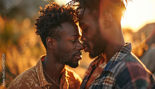 Homosexual couple at a romantic date outdoors Multi-ethnic gay couple in love flirting and having fun. Proud homosexual couple romantic photo