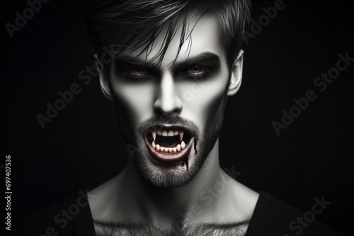 Portrait of a vampire with teeth on a black background. ai generative photo