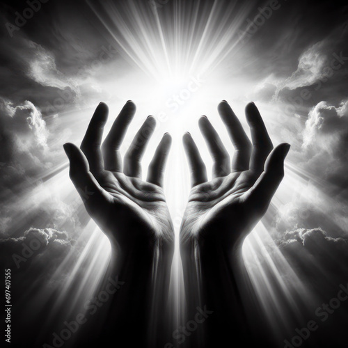 Praying Hands Extend Towards Monochrome Heavenly Rays. ai generative