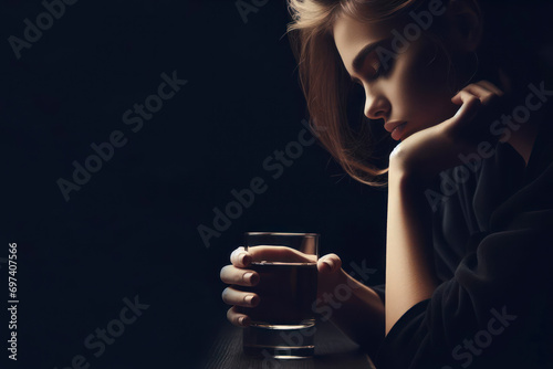 Sad young woman drink alone in a bar dark background closeup hand. ai generative photo