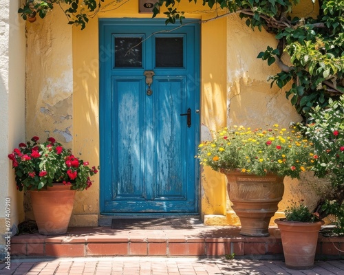 Inviting Blue Front Entrance: Home Exterior with Flower Pots and Architectural Details
