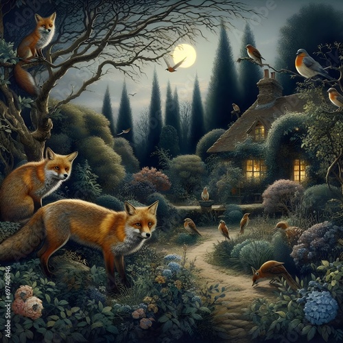 The foxes crept at dusk into a garden with little birds sitting in a yew tree. 