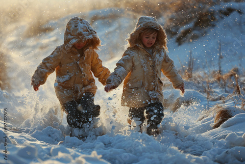 Kids are playing in the snow field together happy christmas merry xmas day