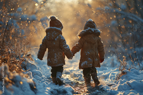 Kids are playing in the snow field together happy christmas merry xmas day photo