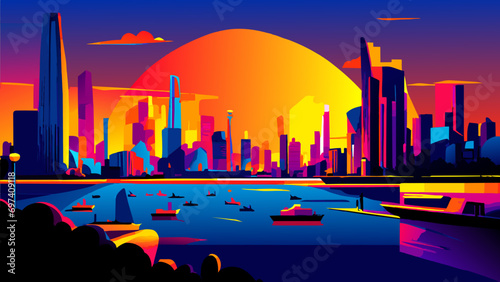 A city's vibrant waterfront. vektor icon illustation