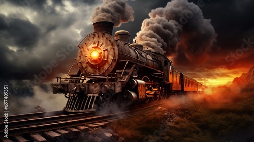 An ancient train engine in motion, with its exhaust forming a striking backdrop. photo
