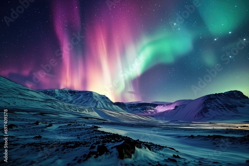 Aurora Borealis Over Snowy Mountain Landscape photo