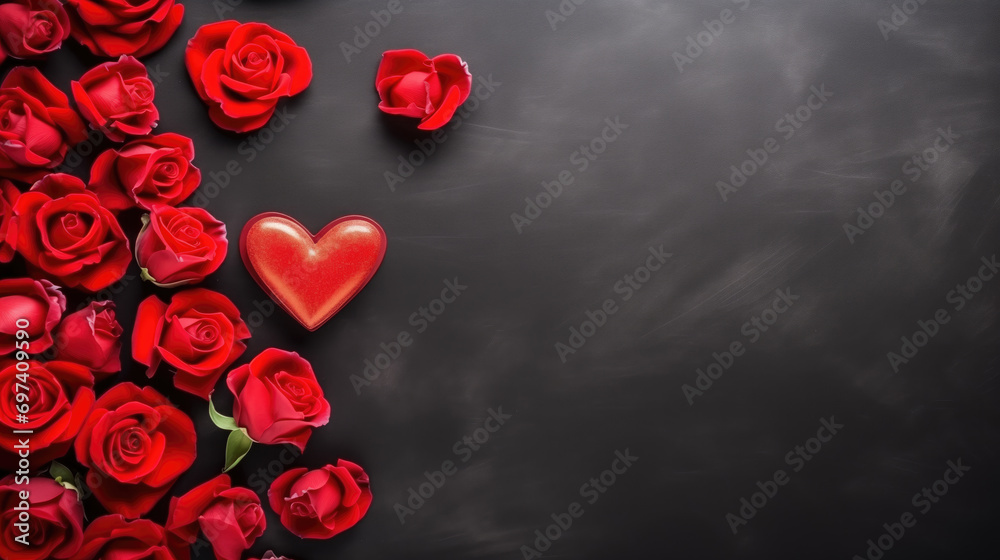 Valentine's day background with red rose and heart on blackboard