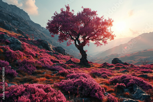 Love pink tree in the meadow of pink glass photo