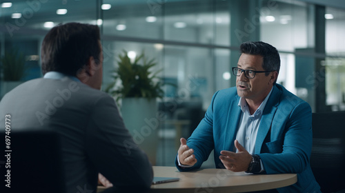 Cybersecurity expert consulting with a small business owner about protecting their digital assets. Professional discussion about online security and data protection in modern entrepreneurship photo