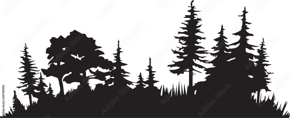 Forest silhouette vector illustration. Forest silhouette, Icon and Sign.