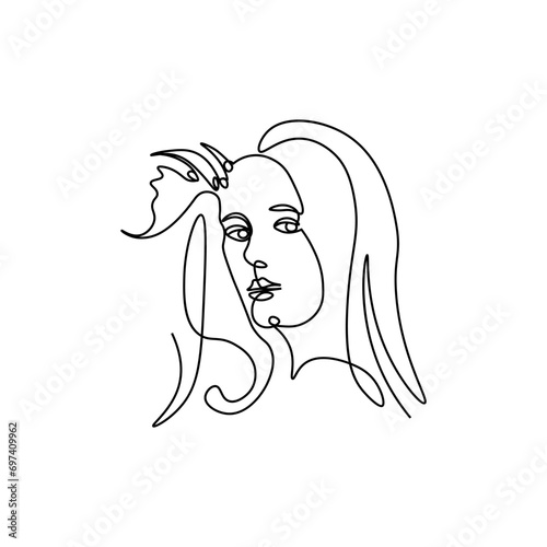  Beauty girl logo.
beautiful girl in one line. Profile of a beautiful girl   in a continuous line. A stroke of the pen. Linear style, graphics, minimalistic sketch drawn carelessly.