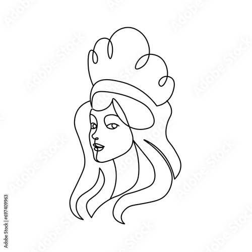 Princess in one line. Profile of a beautiful girl with a crown drawn in a continuous line. A stroke of the pen. Linear style, graphics, minimalistic sketch drawn carelessly.