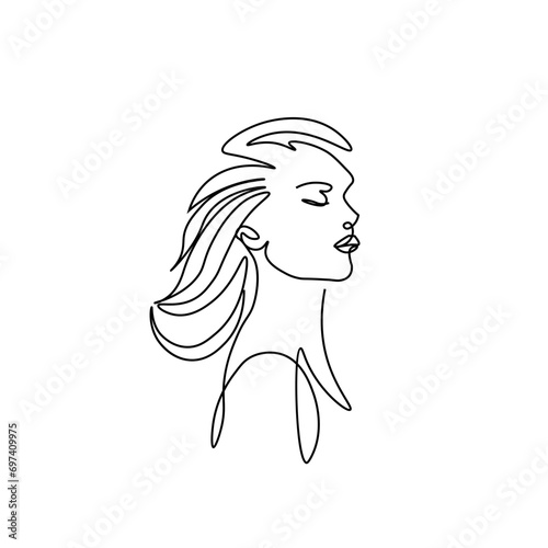  Beauty girl logo.
beautiful girl in one line. Profile of a beautiful girl   in a continuous line. A stroke of the pen. Linear style, graphics, minimalistic sketch drawn carelessly.