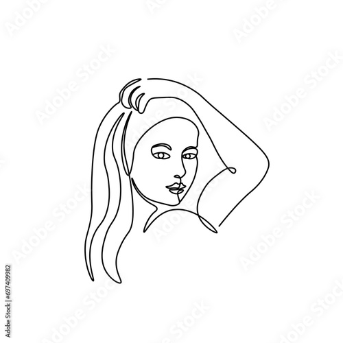  Beauty girl logo. beautiful girl in one line. Profile of a beautiful girl in a continuous line. A stroke of the pen. Linear style, graphics, minimalistic sketch drawn carelessly.