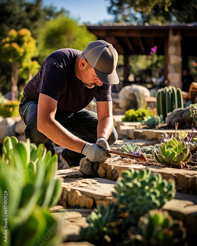 A landscaper creating a drought-resistant garden for a homeowner, focusing on sustainable gardening