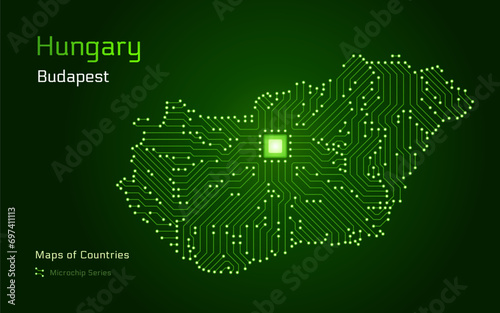 Hungary Map with a capital of Budapest Shown in a Microchip Pattern with processor. E-government. World Countries vector maps. Microchip Series 