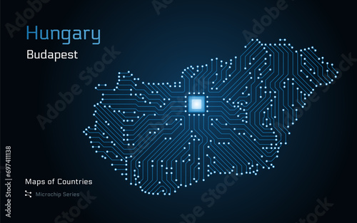 Hungary Map with a capital of Budapest Shown in a Microchip Pattern with processor. E-government. World Countries vector maps. Microchip Series 