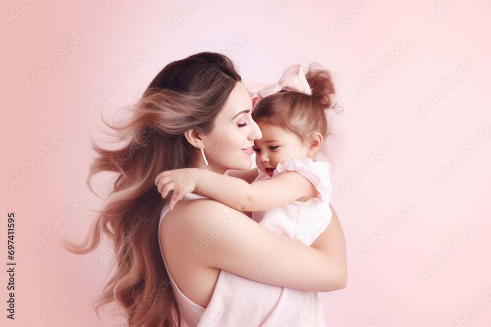 mom and daughter laughing and holding hands on a pink background, in the style of poster, delicate portraits. mom and daughter laughing and holding hands on a pink background, in the style of poster, delicate portraits.