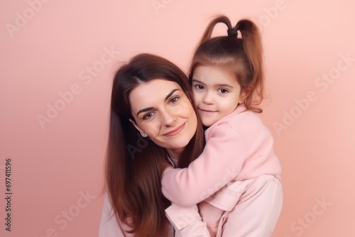 mom and daughter laughing and holding hands on a pink background, in the style of poster, delicate portraits.