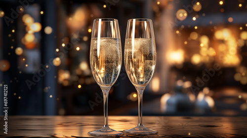 Two glasses of champagne with particles of gold on the table in the evening golden lights 