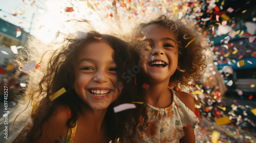 Two mixed race kids happy. Girl and boy with brazilian, latin and african heritage smile at celebration with confetti photo
