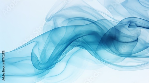 Whisps of blue smoke elegantly swirl against a pure white background photographed in slow motion—the harm of smoking. Dark ink spilled in the water. Presentation. Horizontal banner