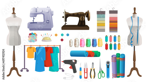 Sewing set with sewing machine, mannequin, clothes on a hanger, threads and sewing tools.Vector illustration in cartoon style.