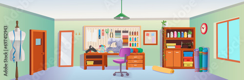 Sewing studio with sewing machine, mannequin, clothes on a hanger, threads and sewing tools.Vector illustration in cartoon style.