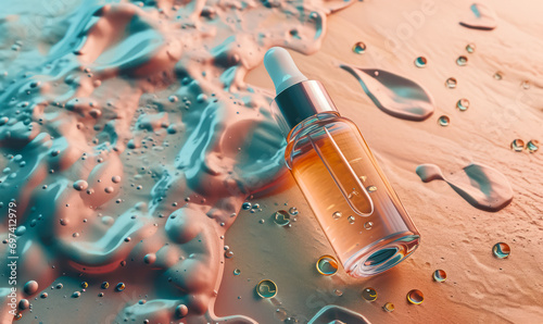 luxury beauty serum bottle with oil droplets on a textured surface