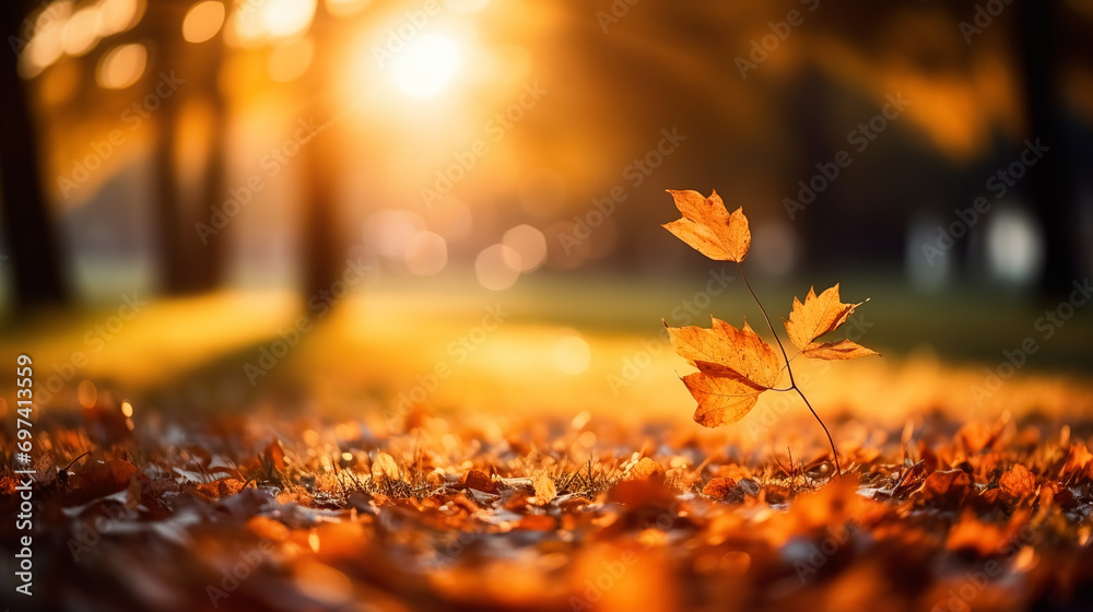 Autumn leaves on the ground in the park on blurred background. Fall season concept. Copy space. Selective focus.