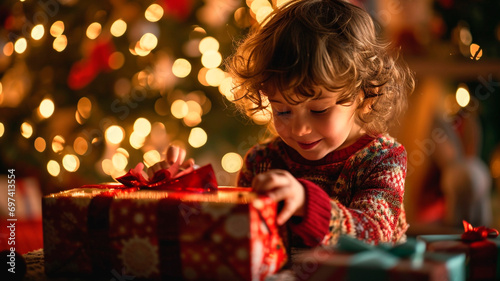 A happy child unwraps a gift by the Christmas tree. on a holiday morning. Generative AI