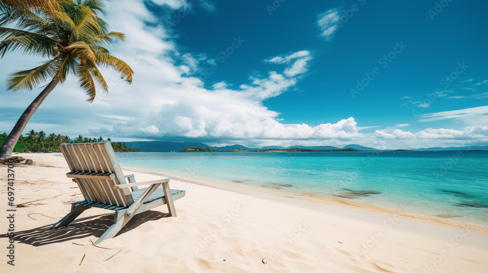 Beautiful tropical beach with white sand, turquoise water, palm trees and sun loungers.
