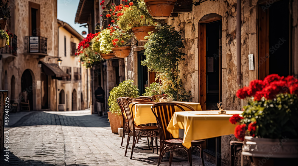 Street cafe with tables and chairs in the old mediterranean town.