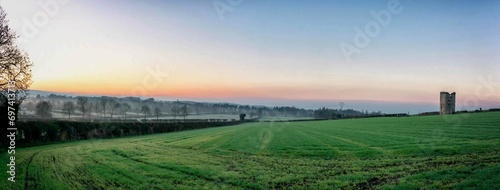 Beautiful Foggy Sunrise at Farm in Ireland