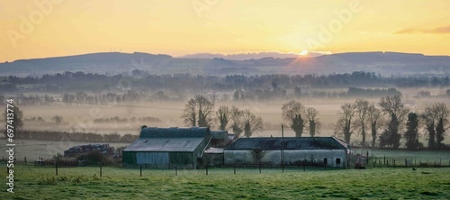 Beautiful Foggy Sunrise at Farm in Ireland