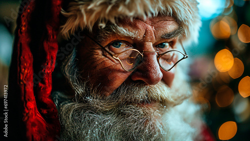 close-up of Santa's face. you can see his eyes and wrinkles, gray beard. a kind and a little tired old man. Generative AI