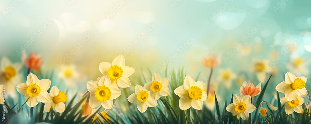 sunny spring background, greenery, daffodil flowers - obrazy, fototapety, plakaty 