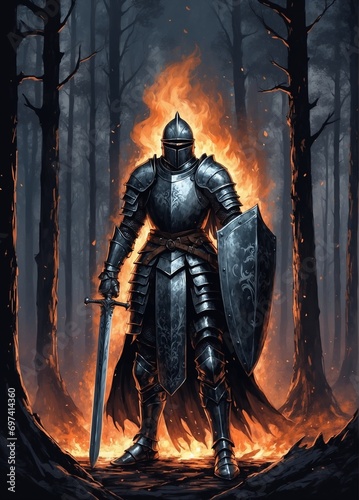  a knight in armor, with a sword and a shield in his hands. On the background of a burning forest