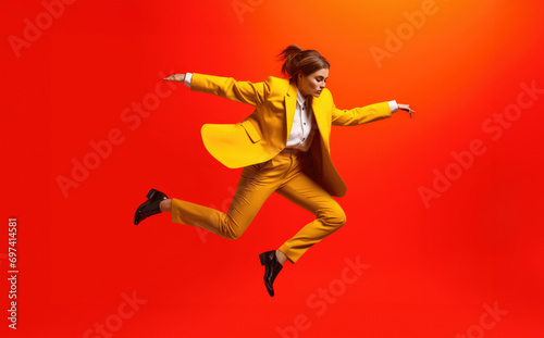 Teenage young woman jumping and dancing on red background