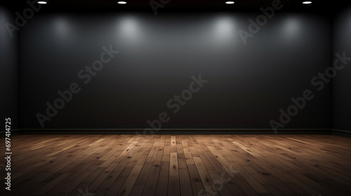 empty room with dark wall and wooden floor photo